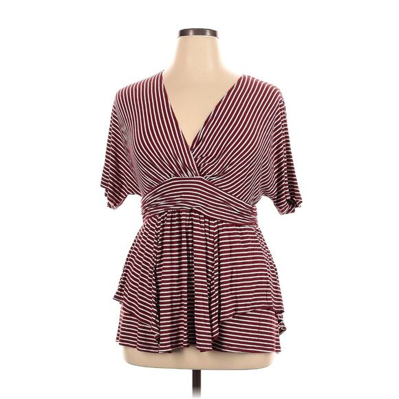 Kiyonna Top Promenade Style 1X Maroon Red White Stripes Flutter Sleeves V Neck - Picture 5 of 6